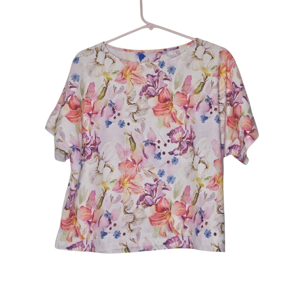 Yuvita Womens  Watercolor Floral Linen Short Sleeve Blouse Top‎ Multicolor M